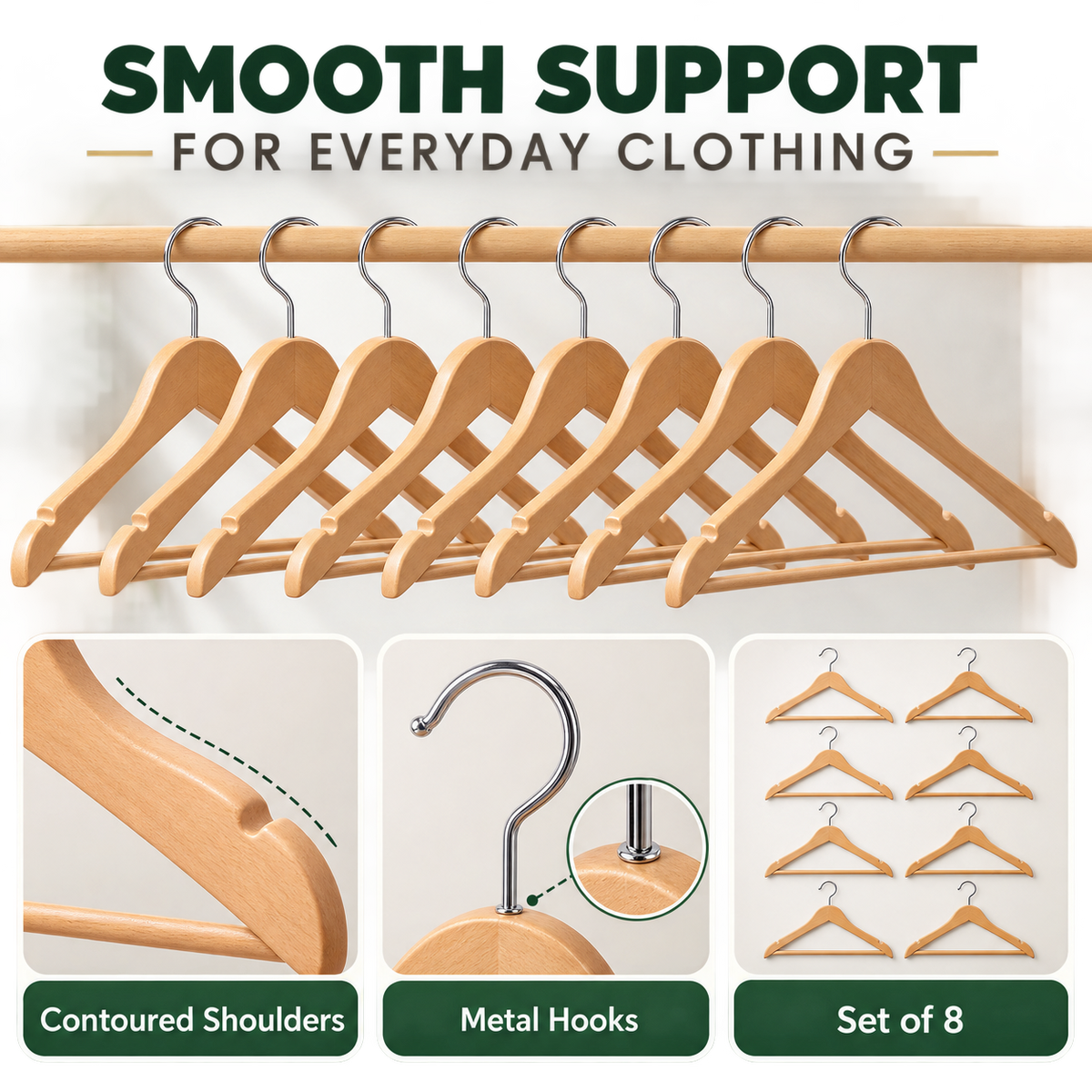 Natural Wooden Clothes Hangers - Set of 8
