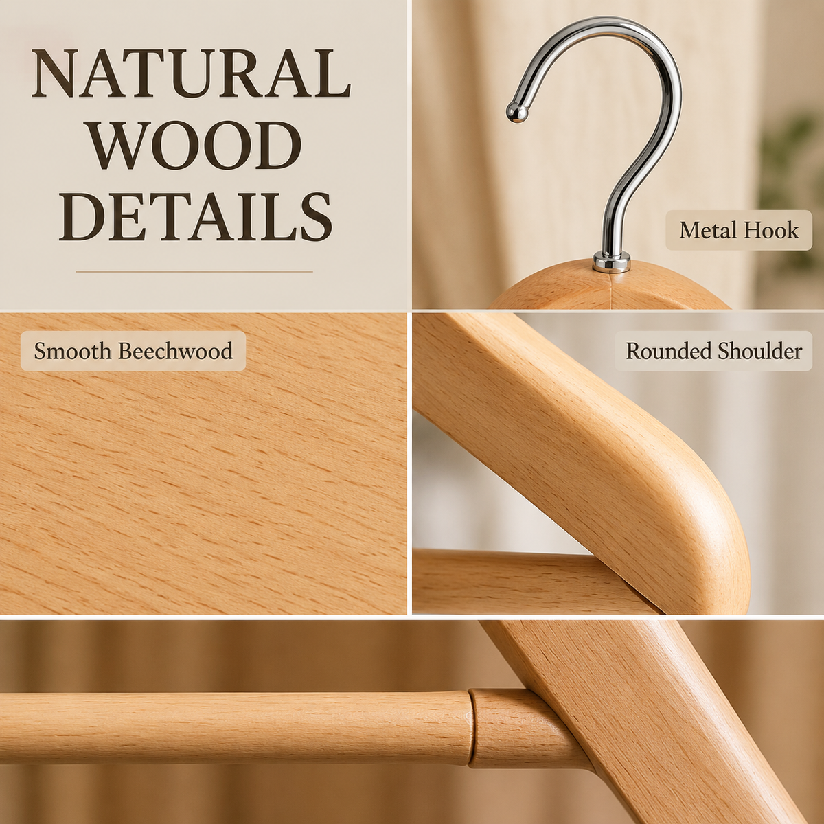 Natural Wooden Clothes Hangers - Set of 8