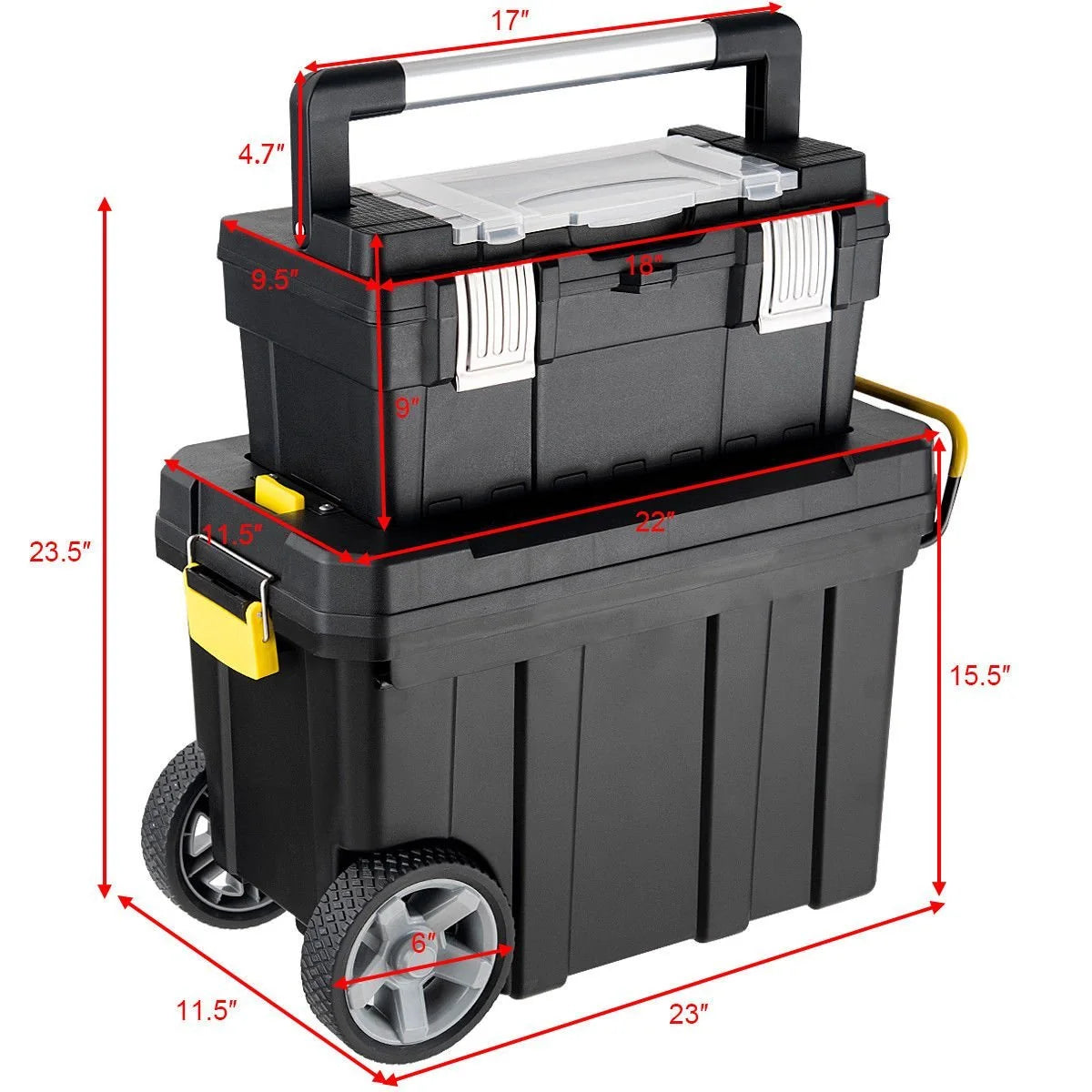 2-in-1 Rolling Plastic Toolbox Set With 6-Inch Wheels, Black