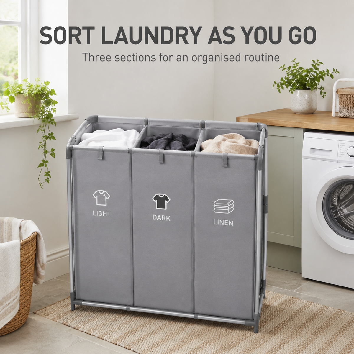 Three-Compartment Laundry Sorting Basket