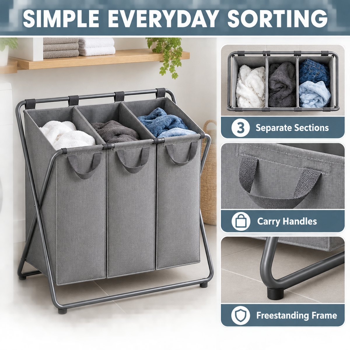 Three-Compartment Laundry Sorting Basket
