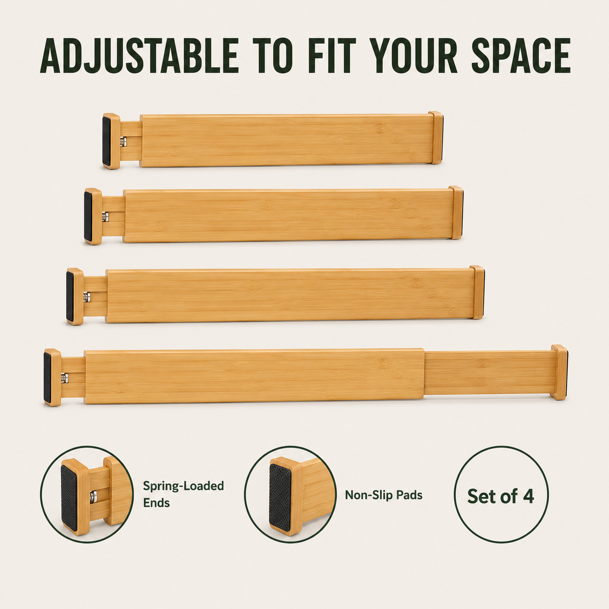 Adjustable Bamboo Drawer Dividers - Set of 4