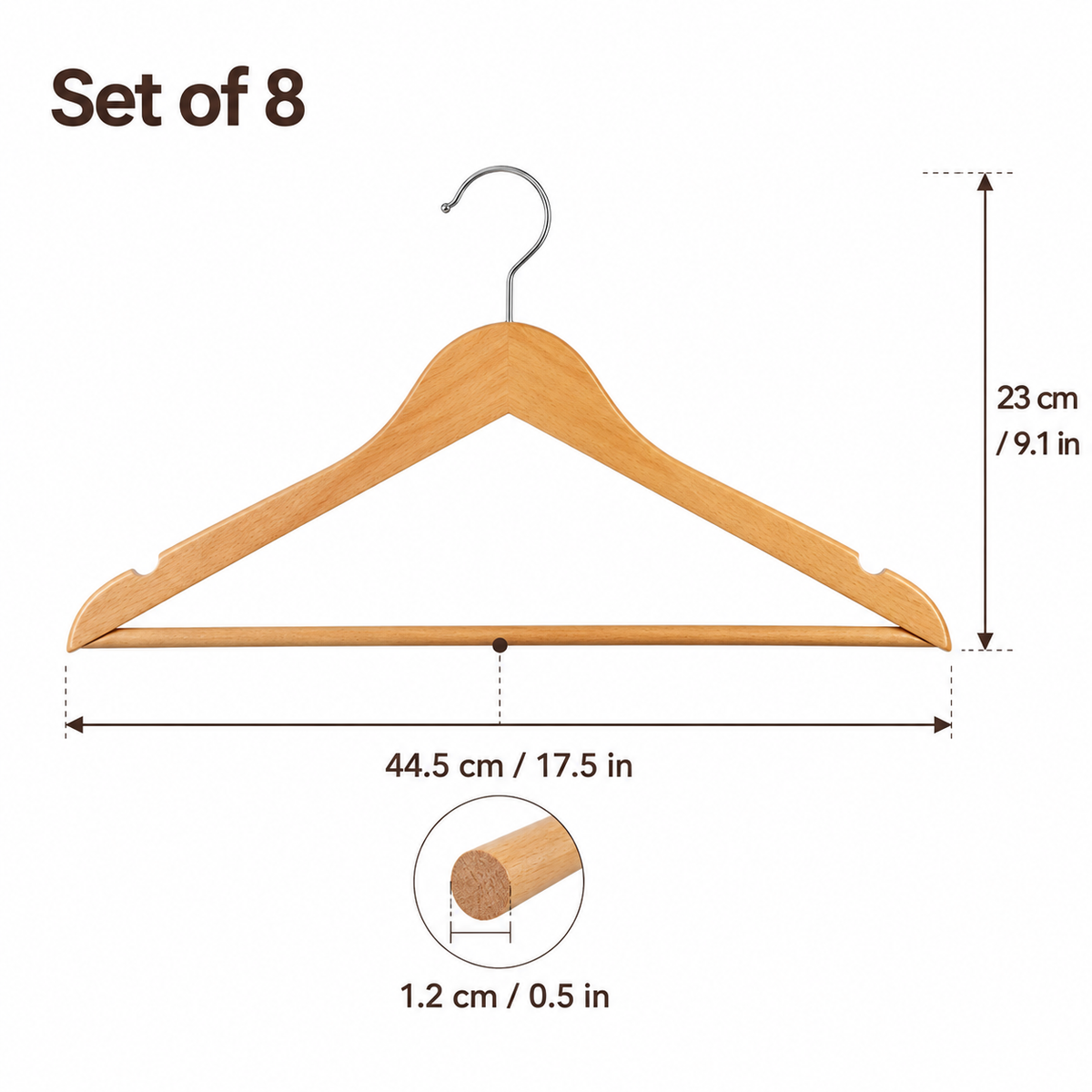 Natural Wooden Clothes Hangers - Set of 8