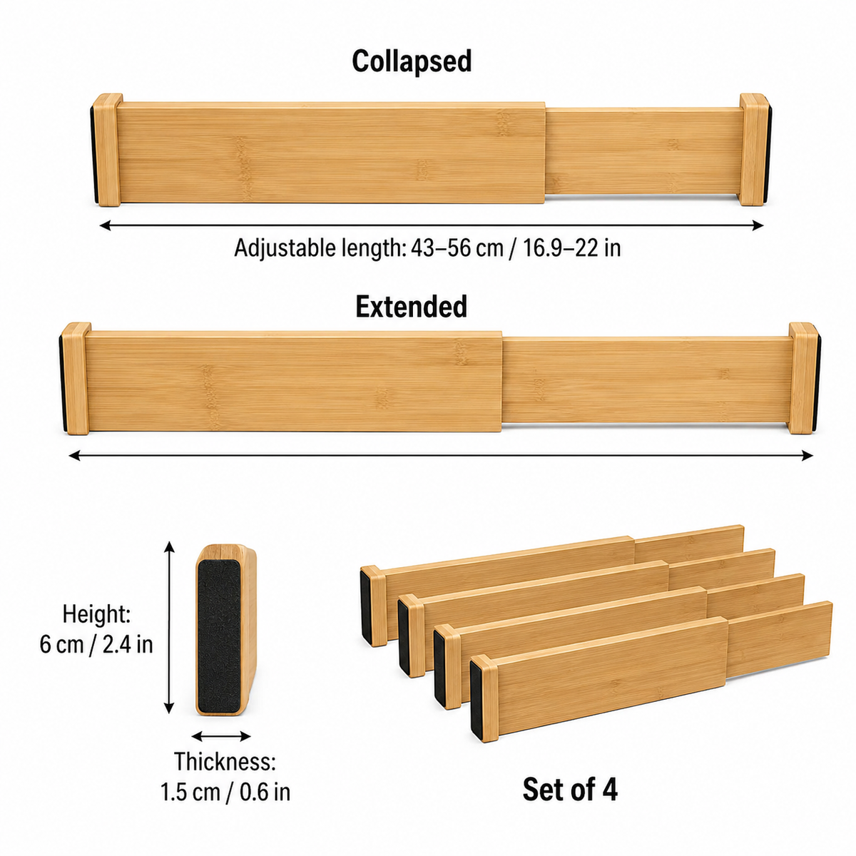 Adjustable Bamboo Drawer Dividers - Set of 4